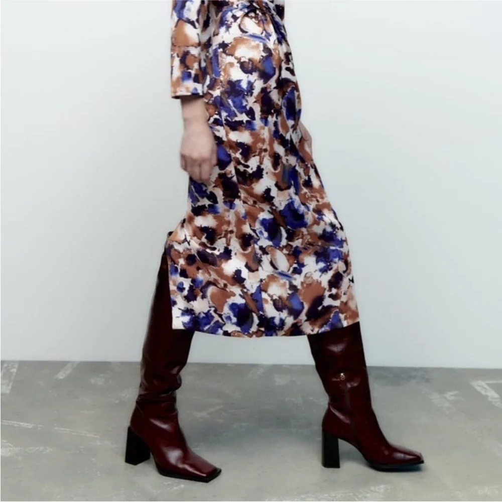 NEW Zara Print Long Sleeve Midi Dress With Knot - Picture 4 of 6